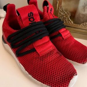 Red and black slip on adidas kid athletic shoe. Size 1